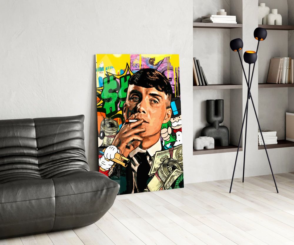 Pop-graffiti glass print bringing edge to a man cave