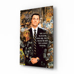 Wolf of Wall Street pop-graffiti glass wall art in a modern executive office