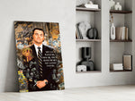 Wolf of Wall Street glass wall art catching light to reveal its layered tags