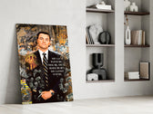 Wolf of Wall Street glass wall art catching light to reveal its layered tags