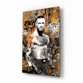 Conor McGregor Riches and Glory pop-graffiti glass wall art in a modern home gym