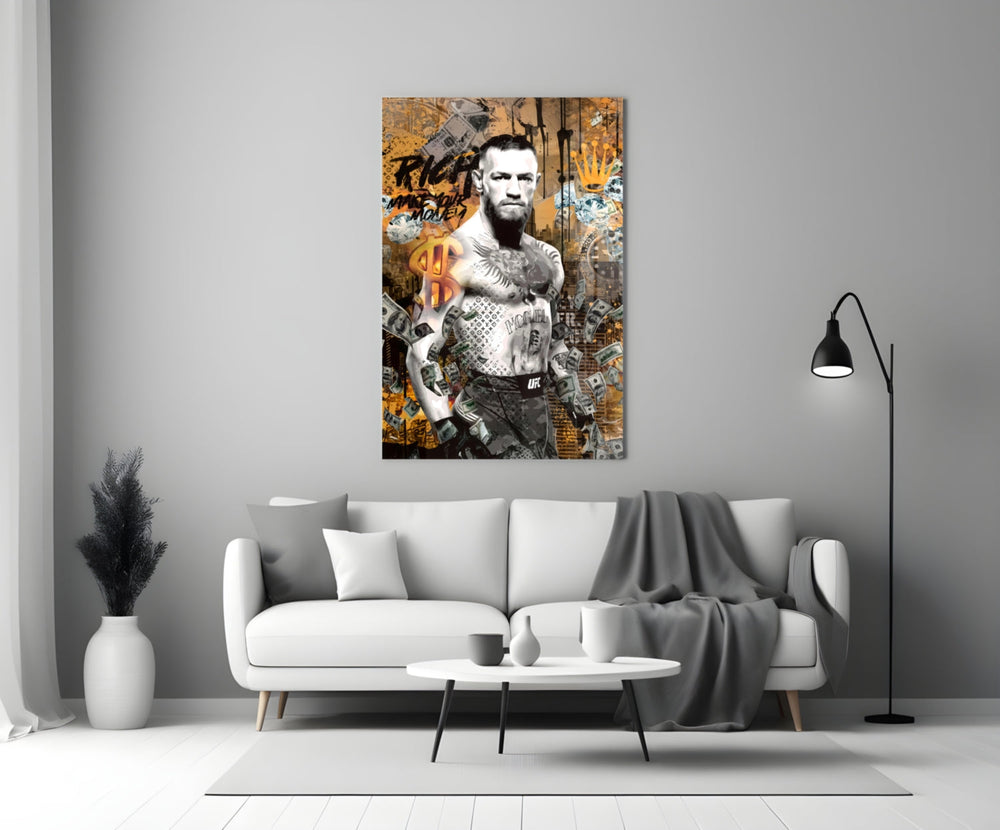Close-up detail of the McGregor portrait with Rolex and cash behind glass