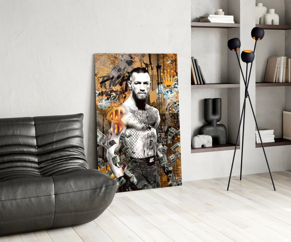 Pop-graffiti glass print bringing fight-culture edge to an executive office