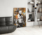 Pop-graffiti glass print bringing fight-culture edge to an executive office