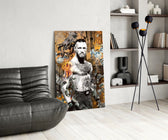 Pop-graffiti glass print bringing fight-culture edge to an executive office
