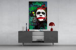 Joker Why So Serious glass wall art catching light to reveal its splatter texture