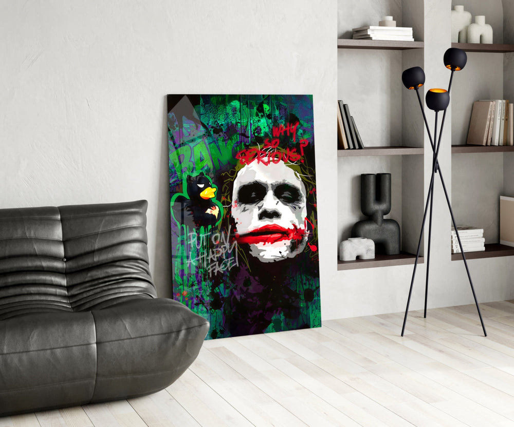 Pop-graffiti glass print bringing villain edge to a cinema-room accent wall