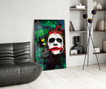 Pop-graffiti glass print bringing villain edge to a cinema-room accent wall