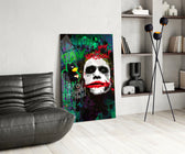Pop-graffiti glass print bringing villain edge to a cinema-room accent wall
