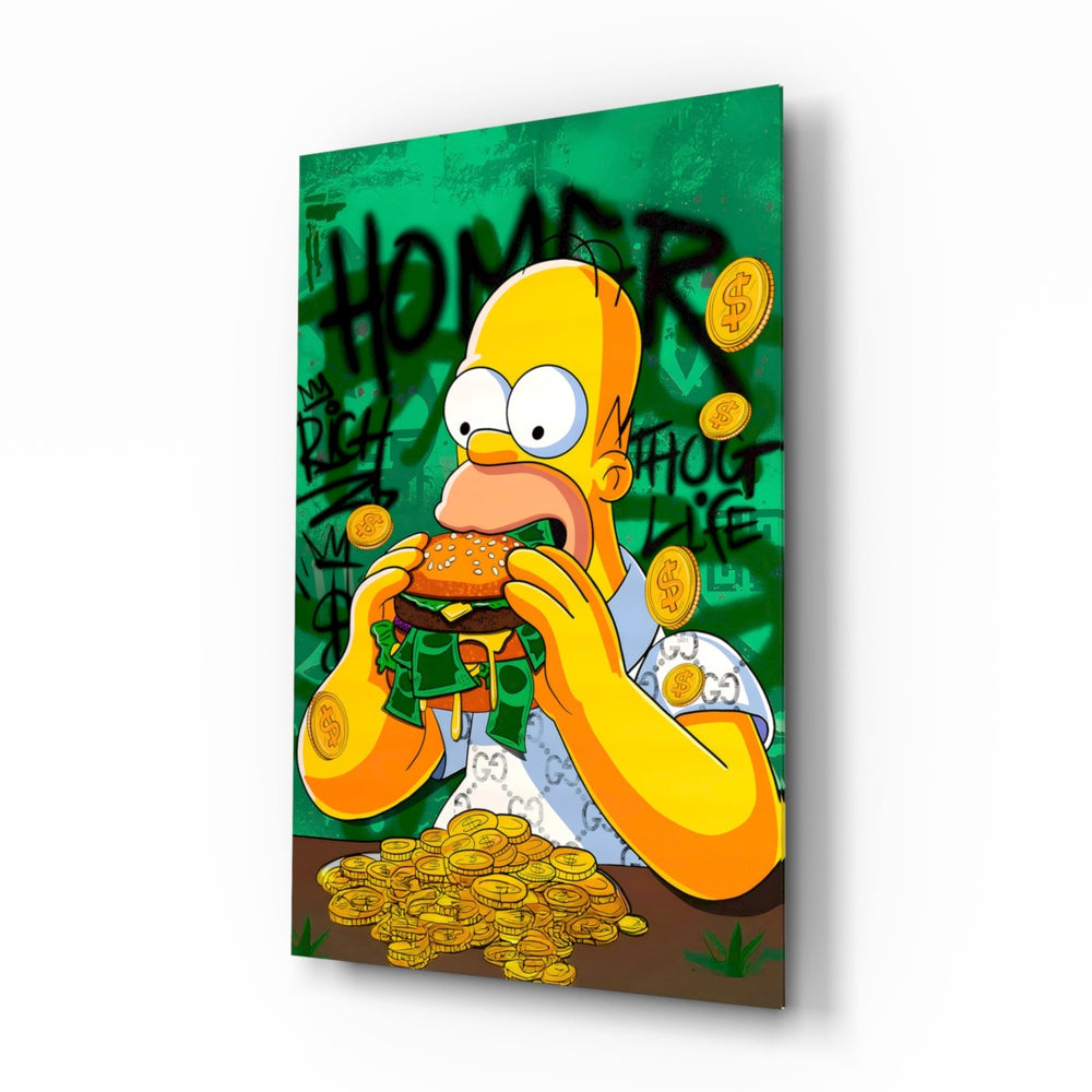 Homer Taste of Greed pop-graffiti glass wall art in a modern kitchen