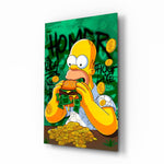 Homer Taste of Greed pop-graffiti glass wall art in a modern kitchen