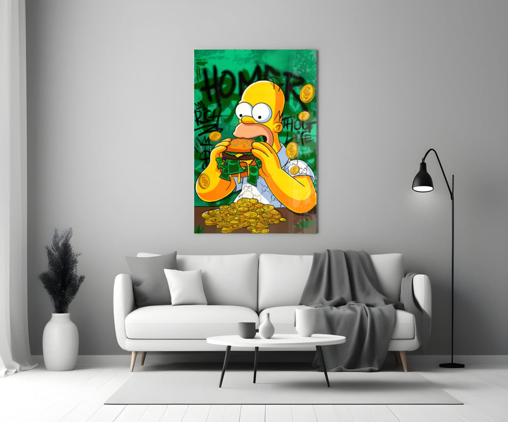 Close-up detail of Homer eating cash-burger with graffiti tags behind glass
