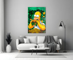 Close-up detail of Homer eating cash-burger with graffiti tags behind glass