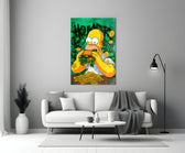 Close-up detail of Homer eating cash-burger with graffiti tags behind glass