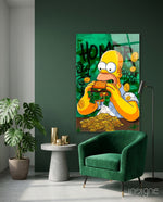 Homer The Taste of Greed Glass Wall Art || Designer Collection - Lifestyle preview in a designer interior