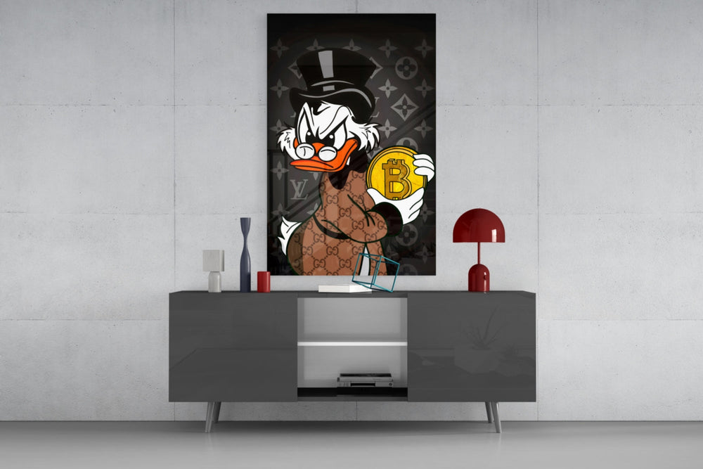 Crypto Rich Scrooge glass wall art catching light to reveal its monogram depth