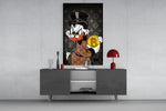Crypto Rich Scrooge glass wall art catching light to reveal its monogram depth