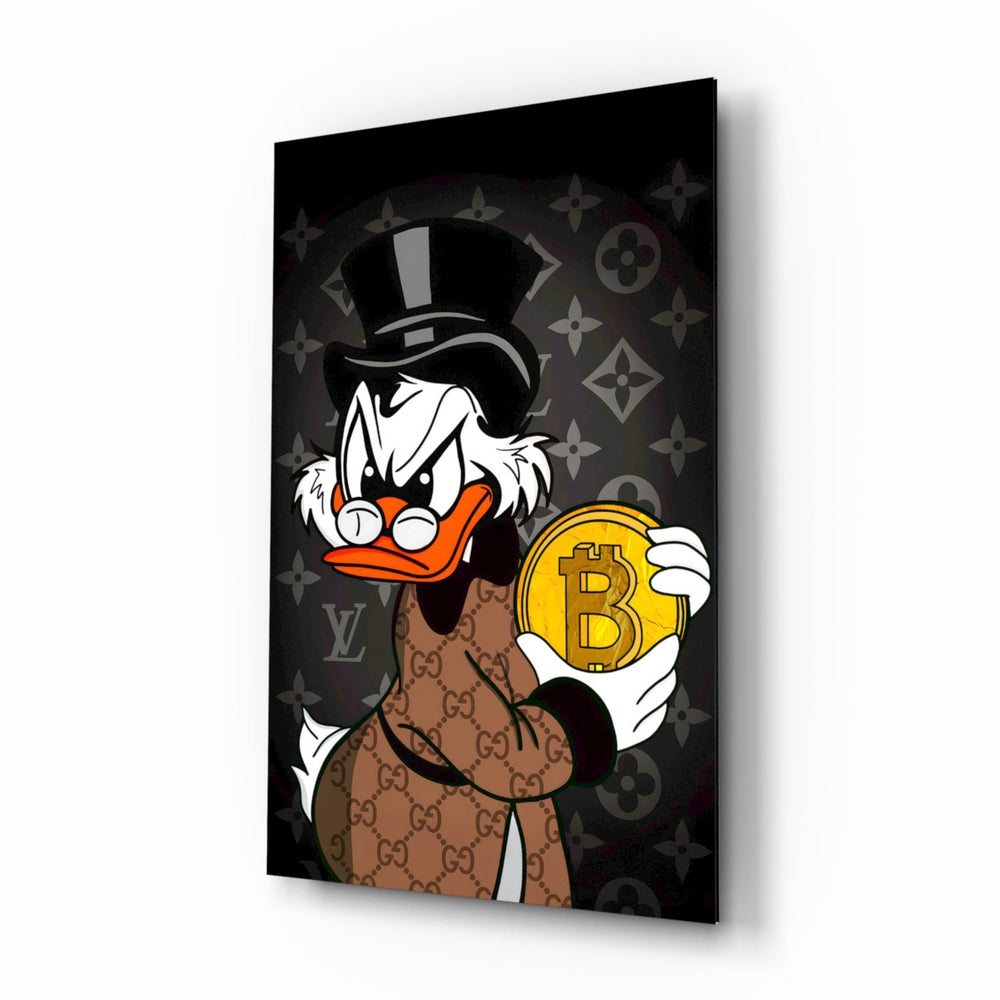 Crypto Rich Scrooge pop-graffiti glass wall art in a modern executive office
