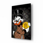 Crypto Rich Scrooge pop-graffiti glass wall art in a modern executive office