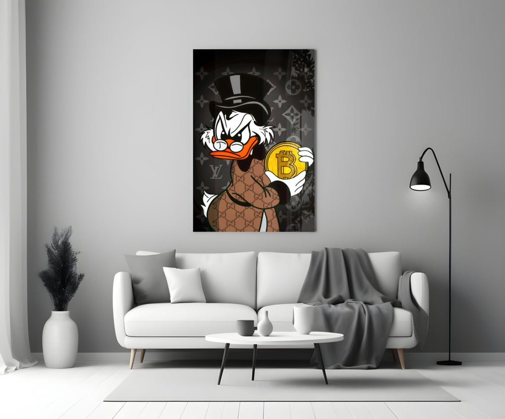 Close-up detail of Scrooge with Bitcoin coin and LV monogram behind glass