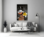 Close-up detail of Scrooge with Bitcoin coin and LV monogram behind glass