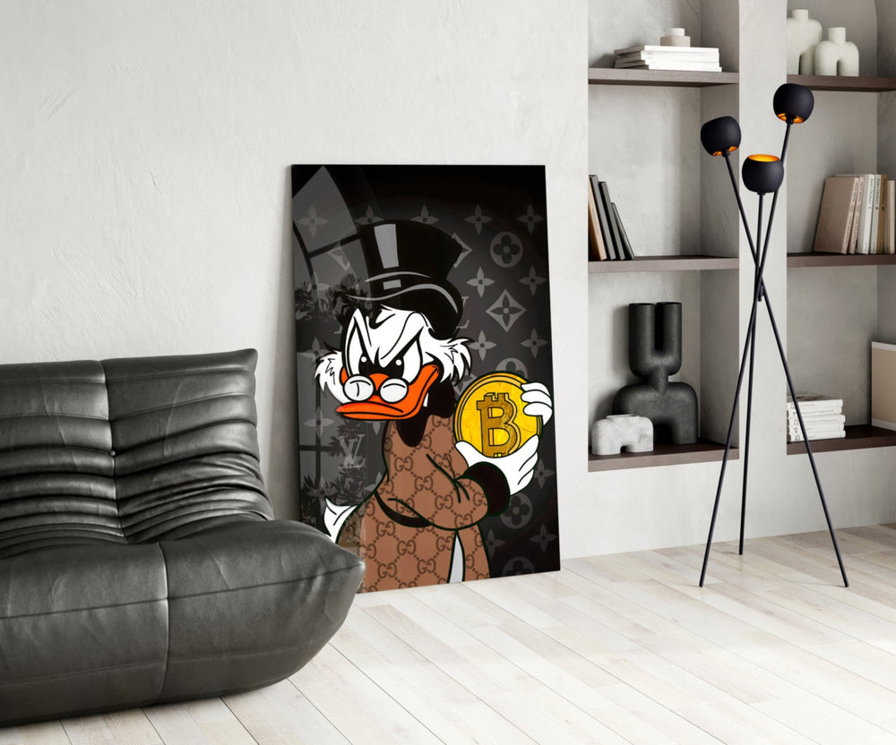 Pop-graffiti glass print bringing crypto edge to a man cave