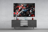 Avengers War glass wall art catching light to reveal its painterly chaos