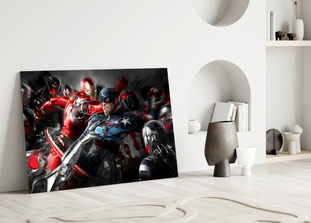 Close-up detail of Captain America and Iron Man mid-fight behind glass
