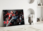 Close-up detail of Captain America and Iron Man mid-fight behind glass