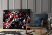 Marvel battle panel against a moody dark-painted accent wall
