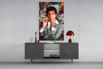 Scarface glass wall art catching light to reveal its layered Miami collage