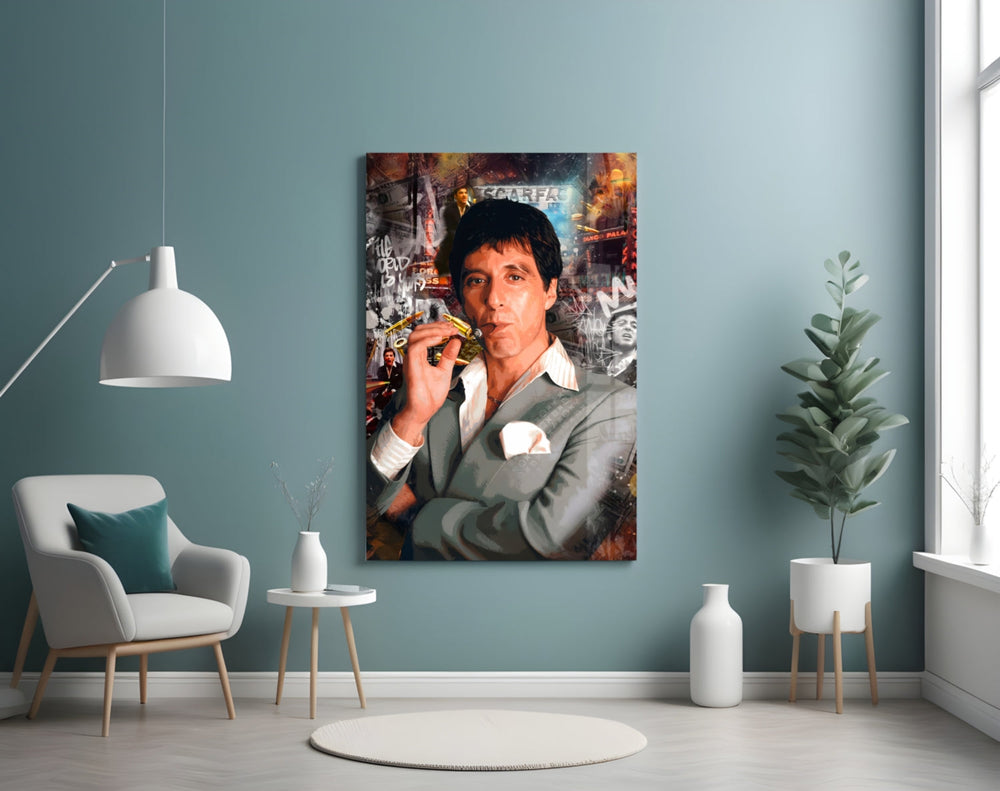 Scarface artwork styled in a cigar lounge with leather seating