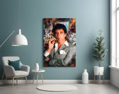 Scarface artwork styled in a cigar lounge with leather seating