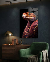 Red Stare Viper Glass Wall Art || Designer Collection - Lifestyle preview in a designer interior