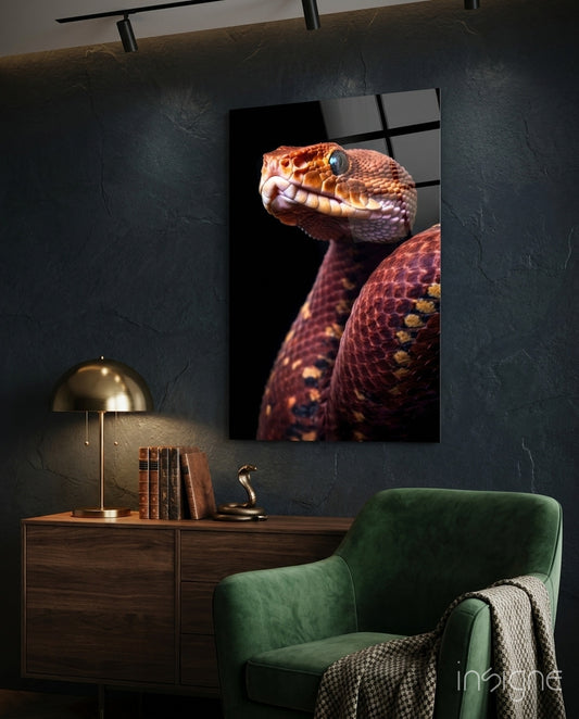 Red Stare Viper Glass Wall Art || Designer Collection - Lifestyle preview in a designer interior
