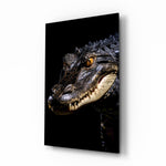 Eyes of the Swamp alligator glass wall art in a modern study