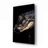Eyes of the Swamp alligator glass wall art in a modern study