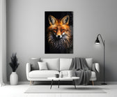 Close-up detail of the red fox and amber eyes behind glass