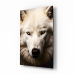 White Wolf's Gaze wildlife glass wall art in a modern study