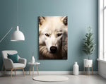 White Wolf artwork styled in a master bedroom