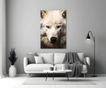 Close-up detail of the white wolf and amber eyes behind glass
