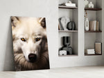 Wolf panel against a moody warm-grey accent wall