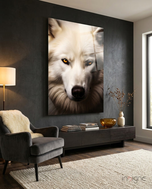 The White Wolf's Gaze Glass Wall Art || Designer Collection - Lifestyle preview in a designer interior