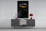 Black and Yellow Viper glass wall art catching light to reveal its scale gleam
