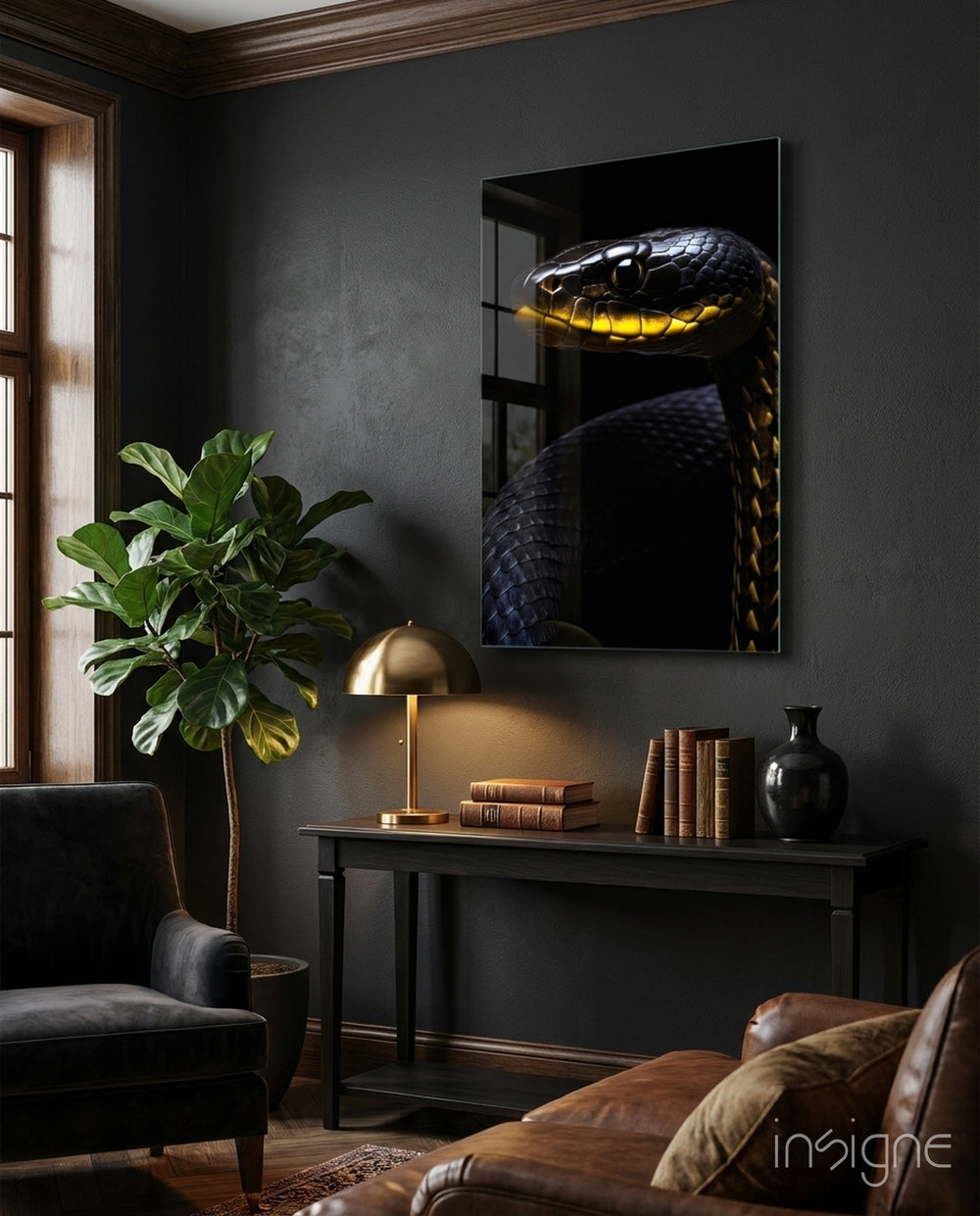 Black and Yellow Viper Glass Wall Art || Designer Collection - Lifestyle preview in a designer interior