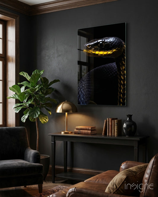 Black and Yellow Viper Glass Wall Art || Designer Collection - Lifestyle preview in a designer interior