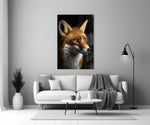 Close-up detail of the red fox profile and amber eyes behind glass