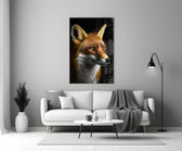 Close-up detail of the red fox profile and amber eyes behind glass