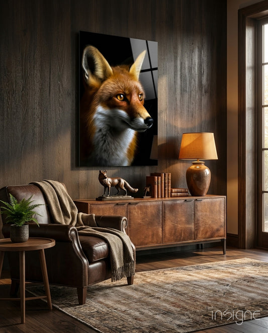 The Secret of the Fox Glass Wall Art || Designer Collection - Lifestyle preview in a designer interior
