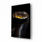 Golden-Eyed Black Snake wildlife glass wall art in a modern study